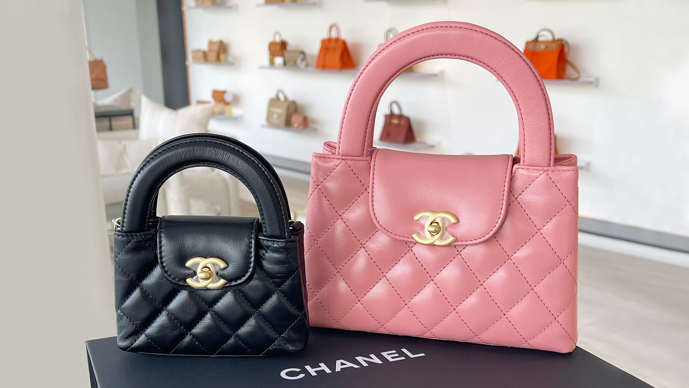 comparing the mini nano chanel kelly shopper bag in black with the chanel nano kelly shopper size in coral pink side by side by FASHIONPHILE