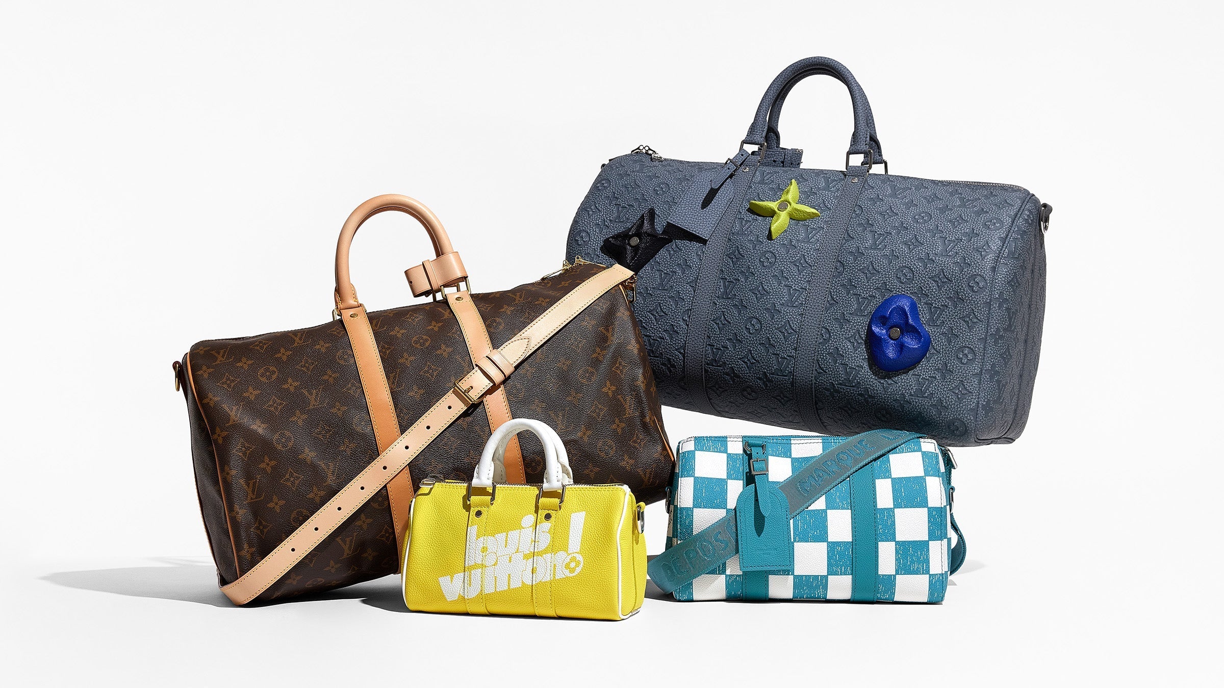 a size comparison of different louis vuitton keepalls in classic monogram and leather