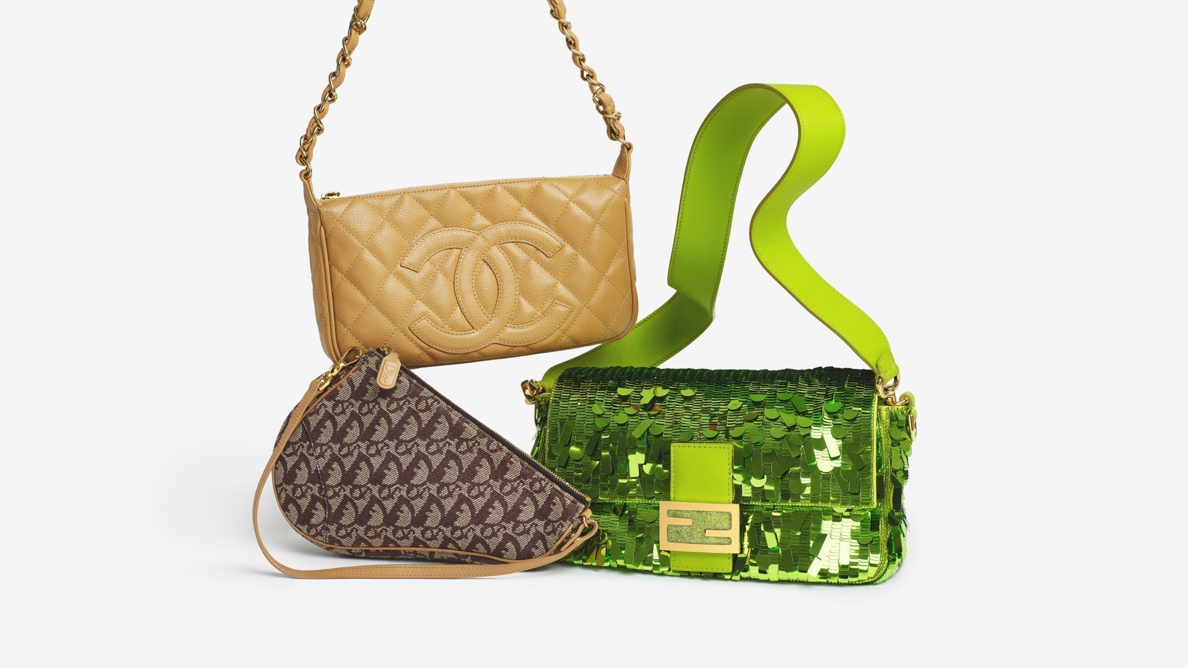 A Chanel Caviar Quilted Hobo Beige, a Fendi Sequin Paillettes Vitello Grace Sex and the City Baguette Wasabi, and a Monogram Mini Saddle Pochette in the center of the frame