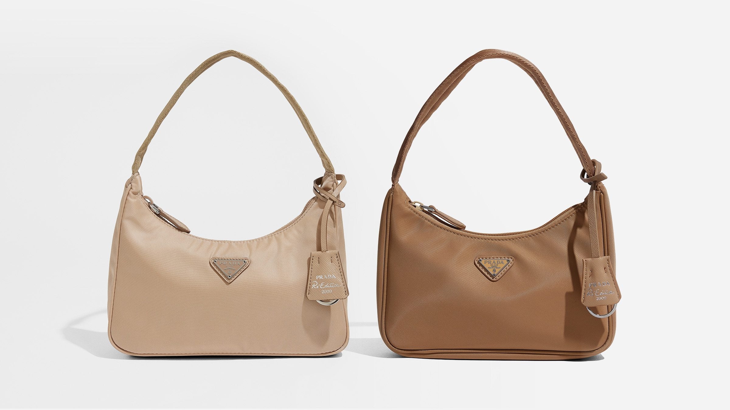 this is an image by FASHIONPHILE of an authentic Prada mini re-edition bag next to a fake Prada mini re-edition bag both in the color beige