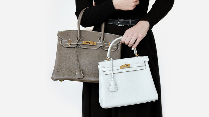 model comparing an hermes birkin and hermes kelly together side by side by FASHIONPHILE