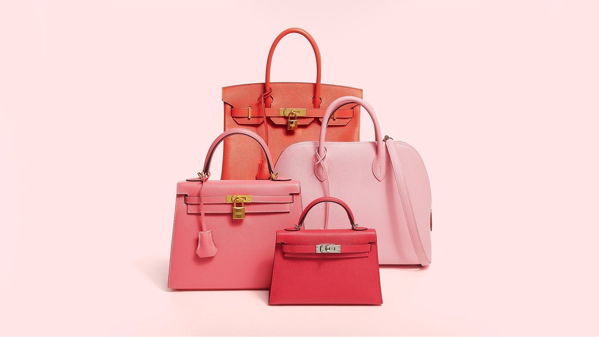 studio image of hermes pink bags grouped together FASHIONPHILE