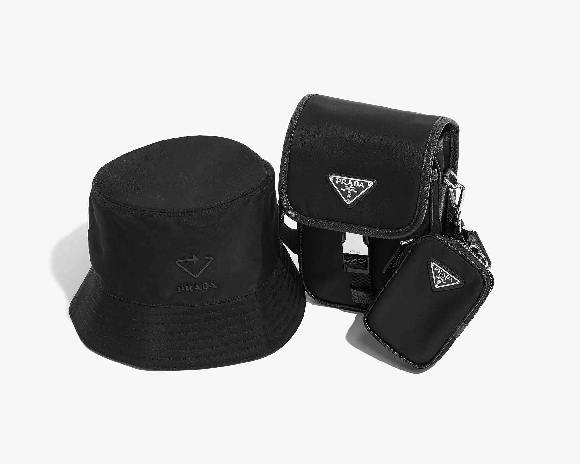 studio image of Prada Re-Nylon bucket hat and bag FASHIONPHILE