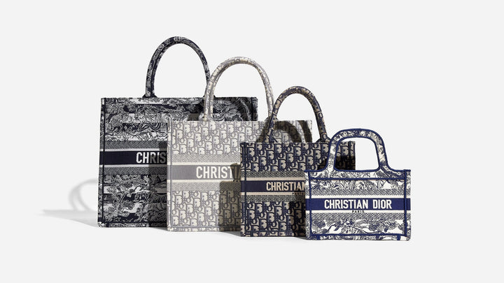 a size comparison of all four christian dior book tote sizes side by side by FASHIONPHILE