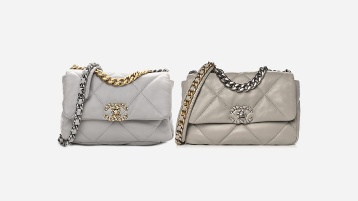 product image of chanel 19 lambskin and chanel 19 goatskin bag side by side FASHIONPHILE