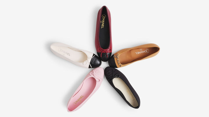 Chanel Ballet Flats arranged in a circle with the toes pointed inwards