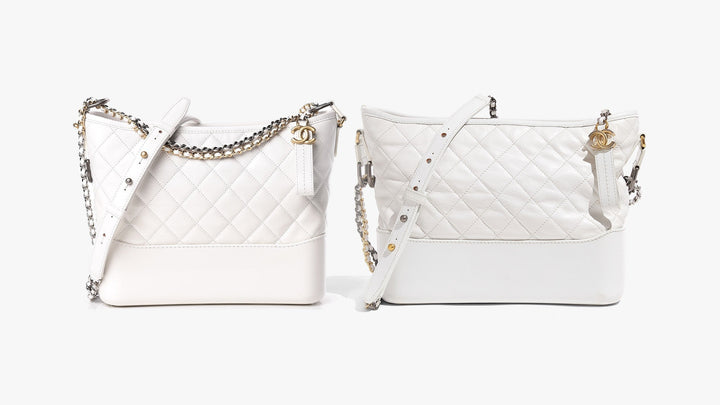 comparing an authentic and fake white chanel gabrielle hobo bag side by side by fashionphile