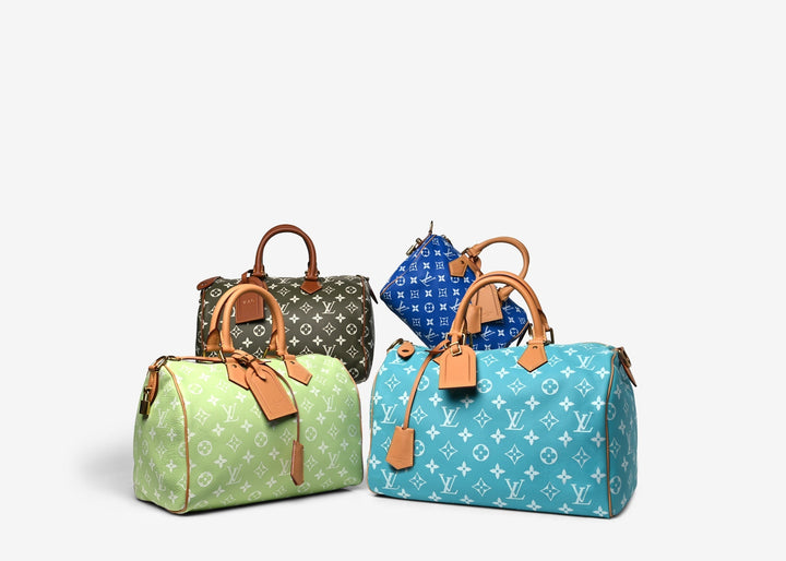 Four Louis Vuitton Speedy P9 bags in Cactus, Frozen Lime, Amethyst, and Blue