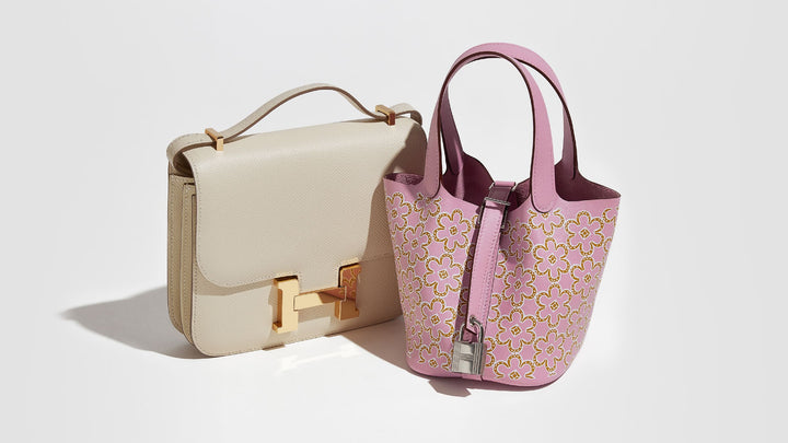 studio image of hermes constance and hermes picotin bags grouped together