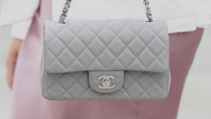 influencer wearing grey chanel mini flap bag FASHIONPHILE
