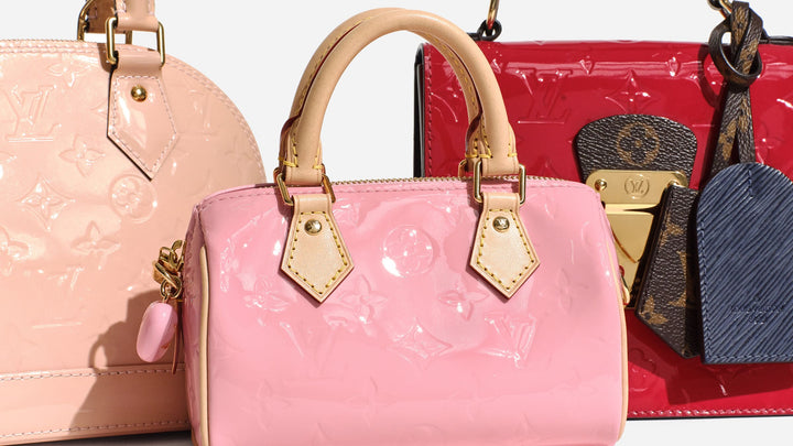 up close to louis vuitton monogram vernis leather and iconic louis vuitton bags such as the speedy and the alma by FASHIONPHILE