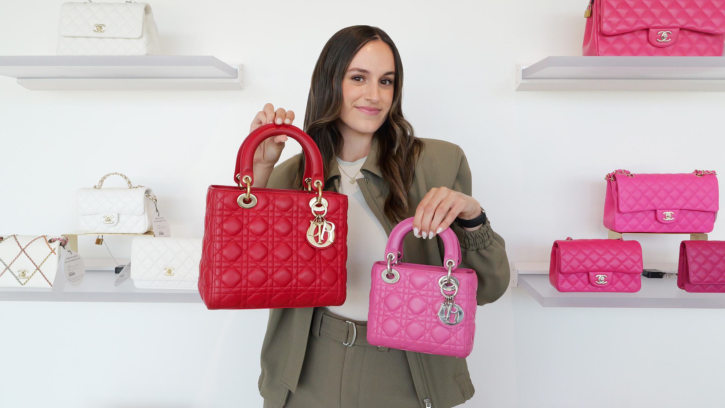 model comparing the small lady dior bag with the medum lady dior bag side by side by fashionphile