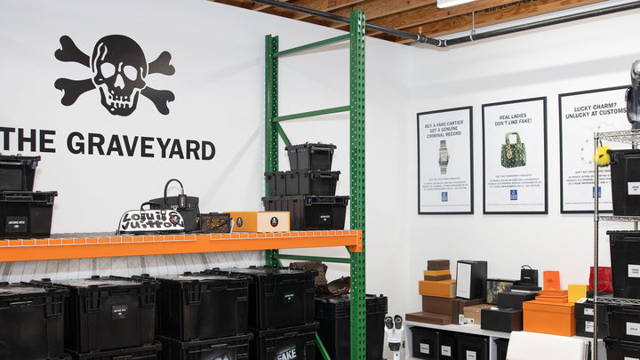 image of the FASHIONPHILE graveyard where all the fake bags are stored away