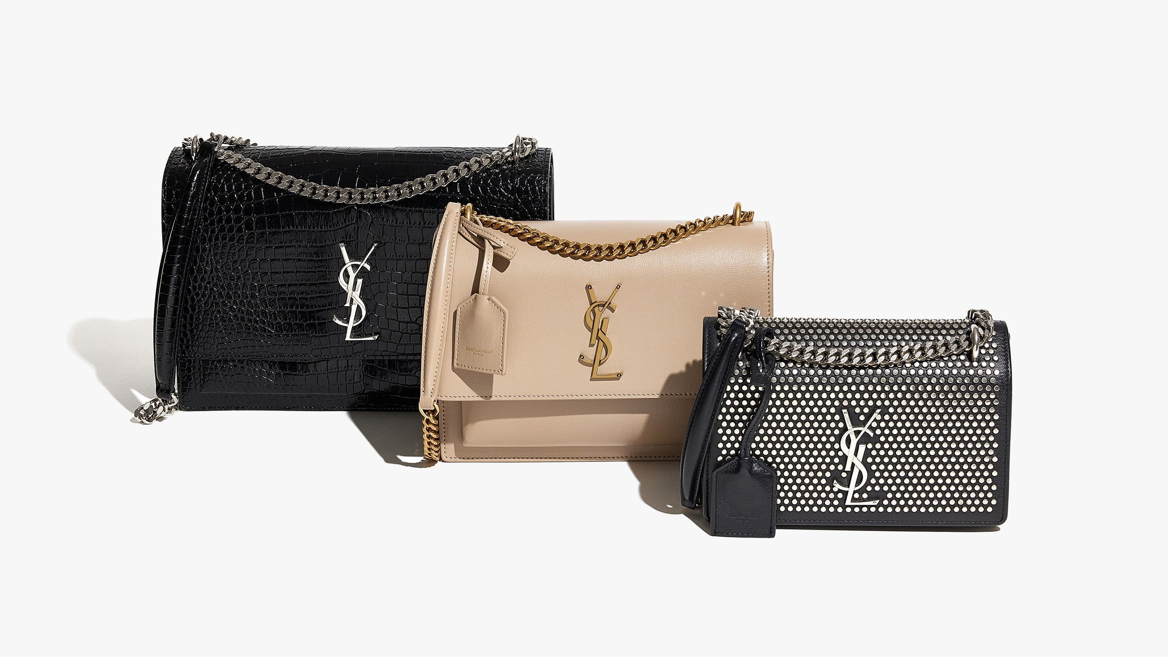 image of all three saint laurent sunset bag sizes side by side by FASHIONPHILE