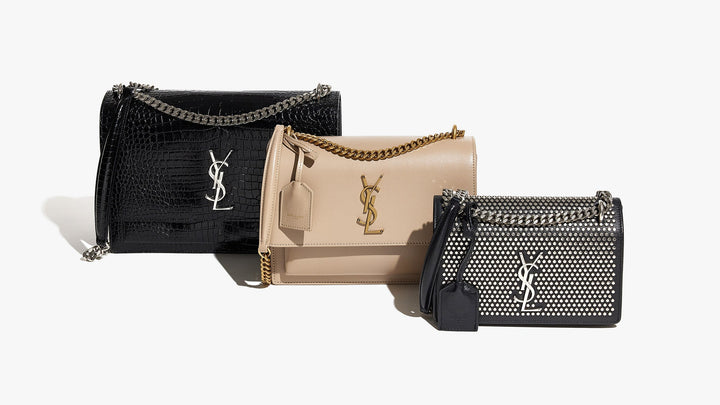 image of all three saint laurent sunset bag sizes side by side by FASHIONPHILE