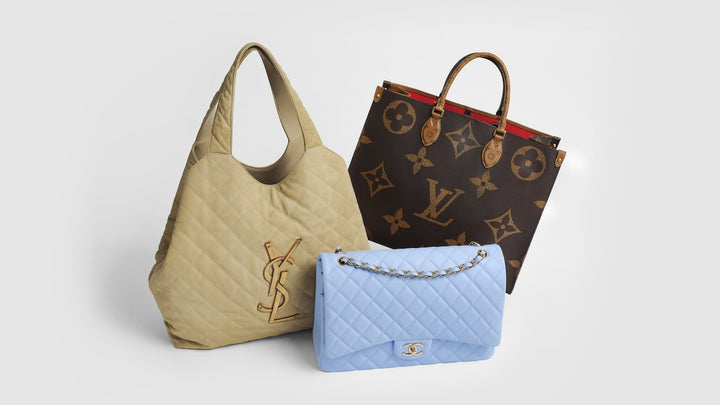 Saint Laurent Icare, Chanel Maxi Flap, and a Louis Vuitton Onthego arranged in the center