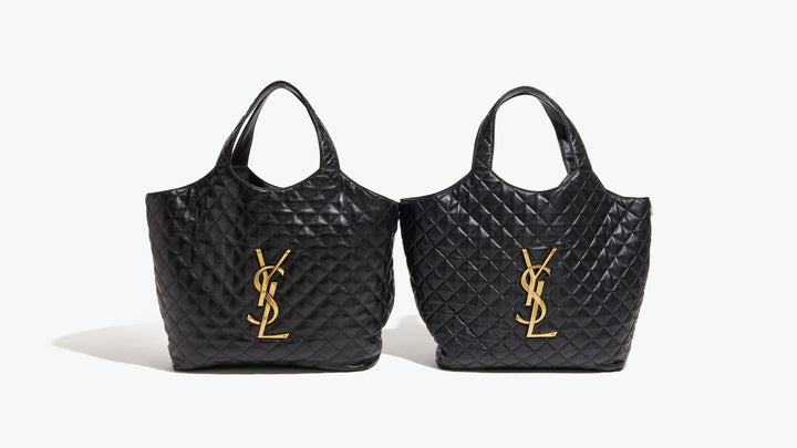 a real and fake saint laurent leather icare maxi shopping tote bag side by side from FASHIONPHILE