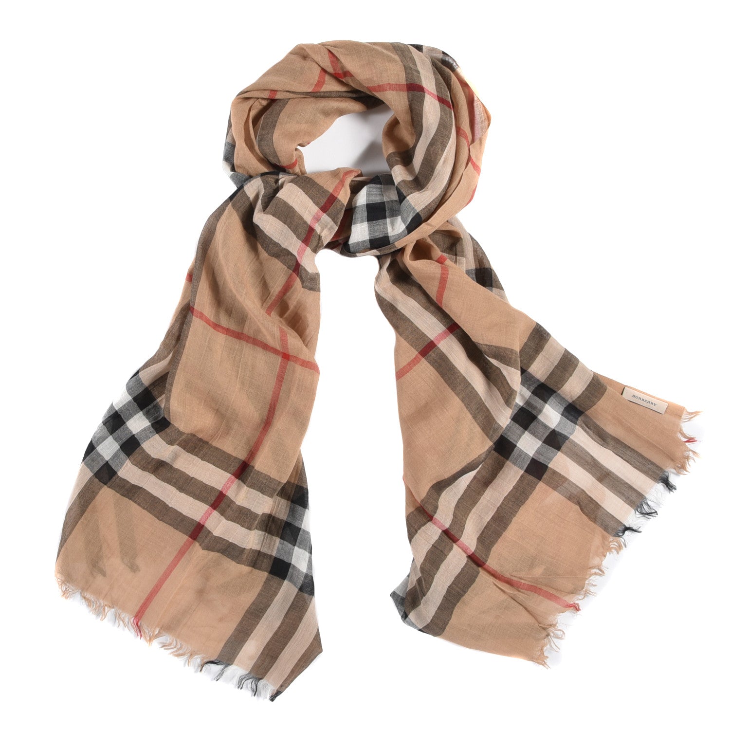 Burberry Wool Silk Giant Check Lightweight Scarf Camel 1 of 5