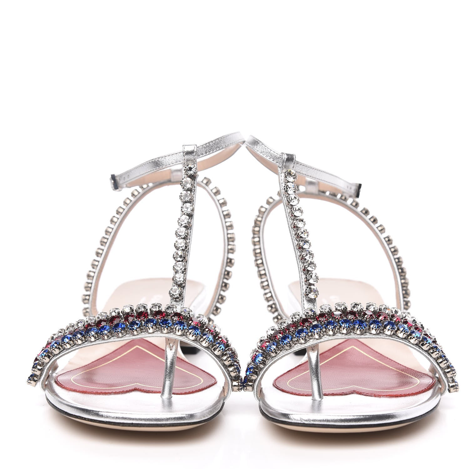 Gucci Nappa Silk Crystal Bertie T-Strap Low Heel Sandals 37 Argento 2 of 8