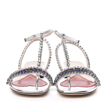 Gucci Nappa Silk Crystal Bertie T-Strap Low Heel Sandals 37 Argento 2 of 8