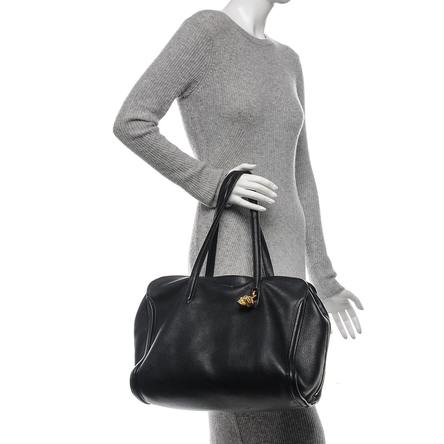 Pebbled Calfskin Large Skull Padlock Zip Around Tote Black
