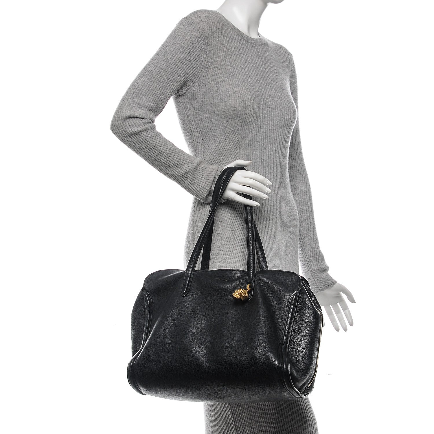 Alexander McQueen Pebbled Calfskin Large Skull Padlock Zip Around Tote Black 2 of 8