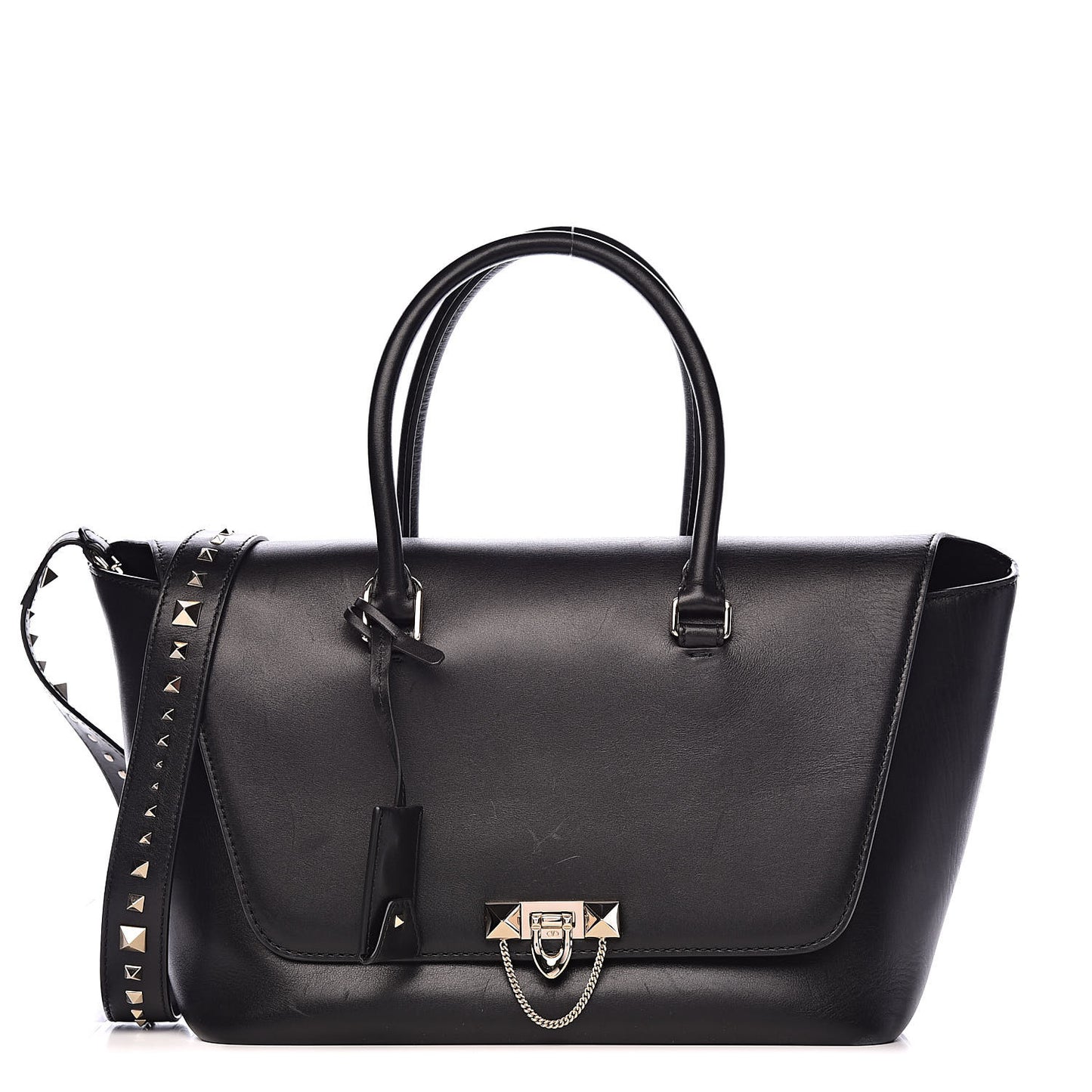 Calfskin Rockstud Medium Demilune Double Handle Satchel Black