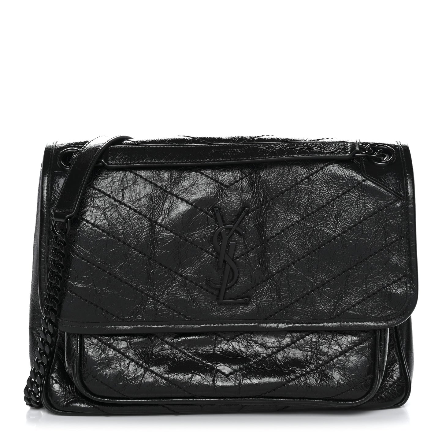 Crinkled Calfskin Matelasse Monogram Medium Niki Chain Satchel Black