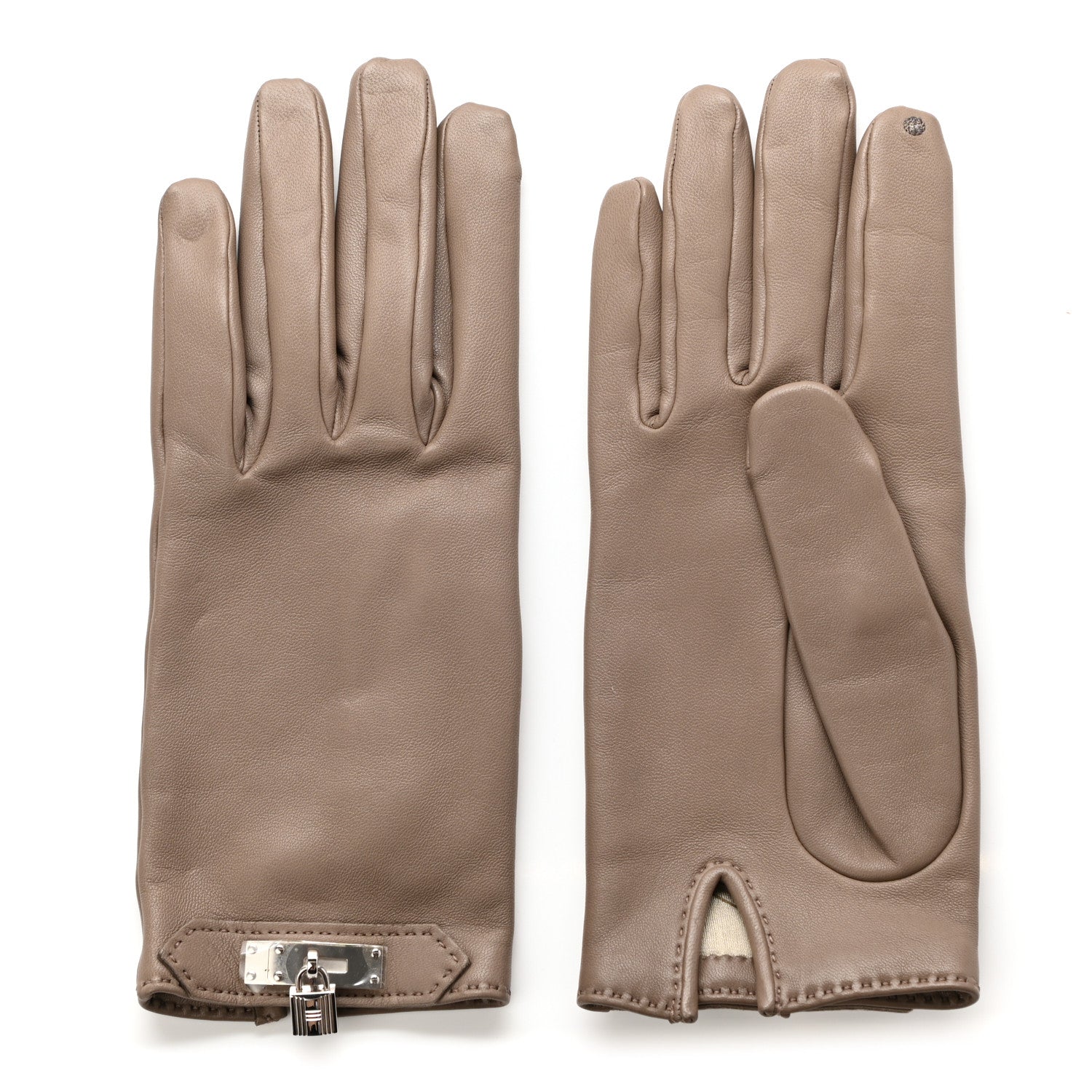 Hermes Lambskin Soya Kelly Lock Gloves 7.5 Gris Asphalte 1 of 5