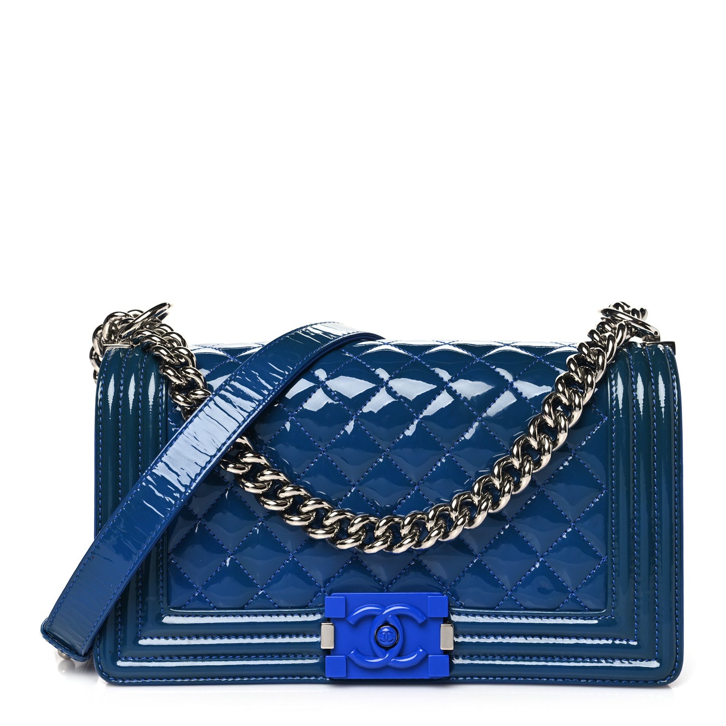 Patent Calfskin Quilted Medium Plexiglass Boy Flap Blue