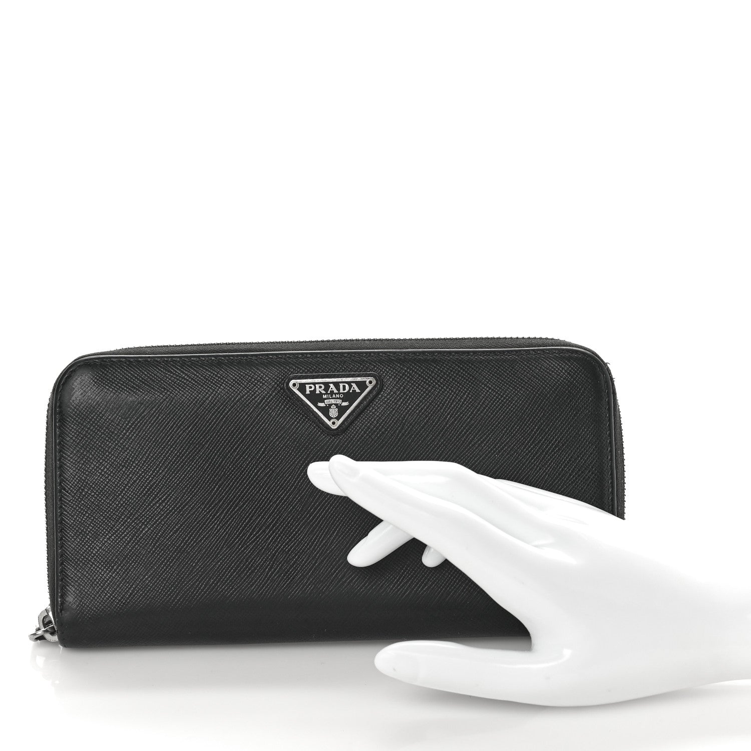 Prada Saffiano Triangle Zip Around Wallet Black 2 of 9