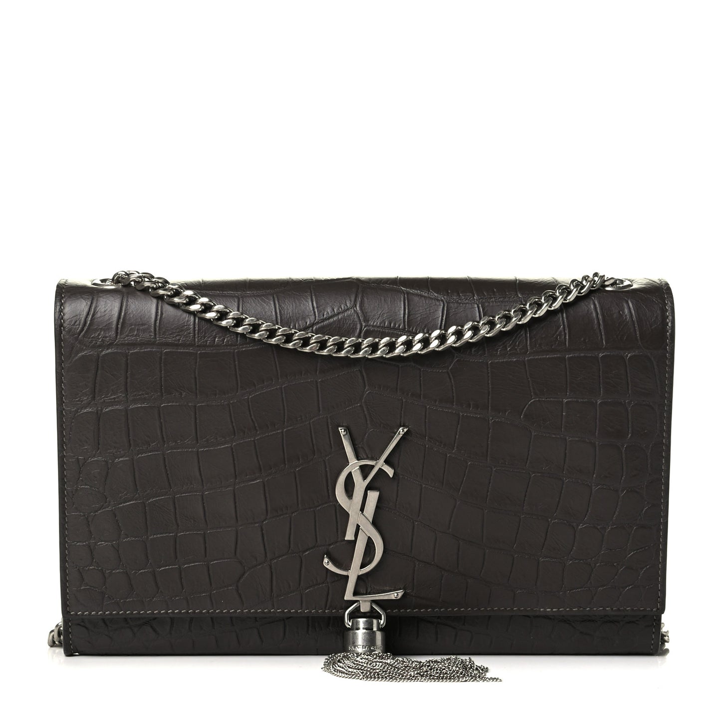 Calfskin Crocodile Embossed Medium Classic Monogram Kate Tassel Satchel Coal