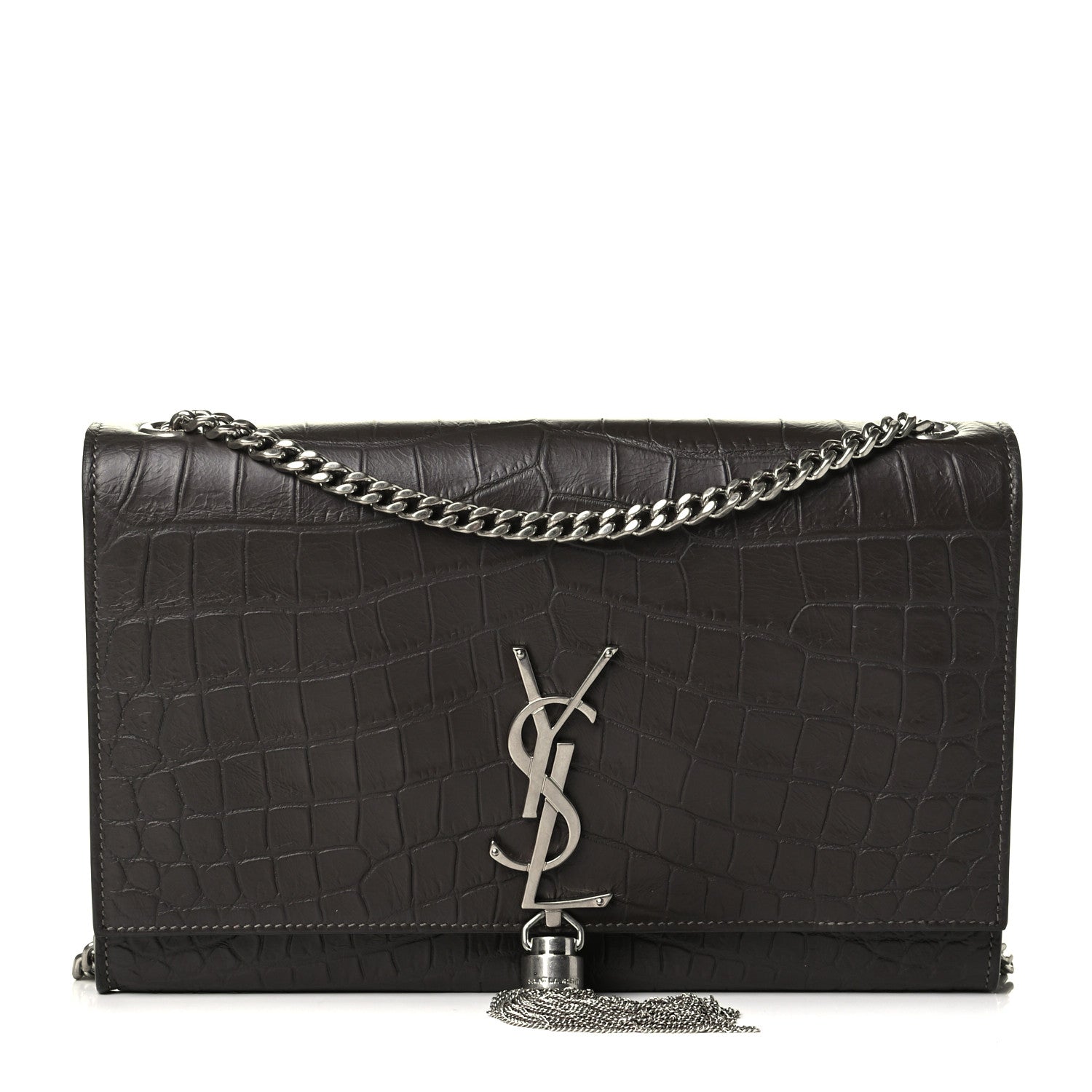 Saint Laurent Calfskin Crocodile Embossed Medium Classic Monogram Kate Tassel Satchel Coal 1 of 6