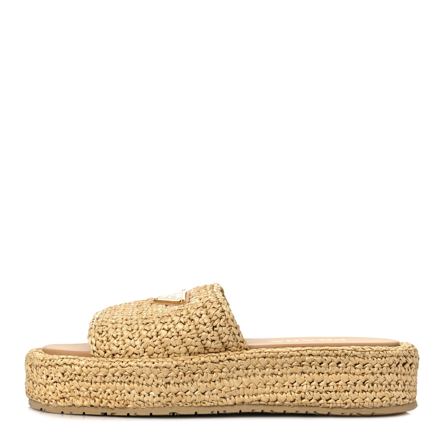 Prada Raffia Metal Triangle Logo Woven Flatform 35mm Slide Sandals 38 Naturale 1 of 8