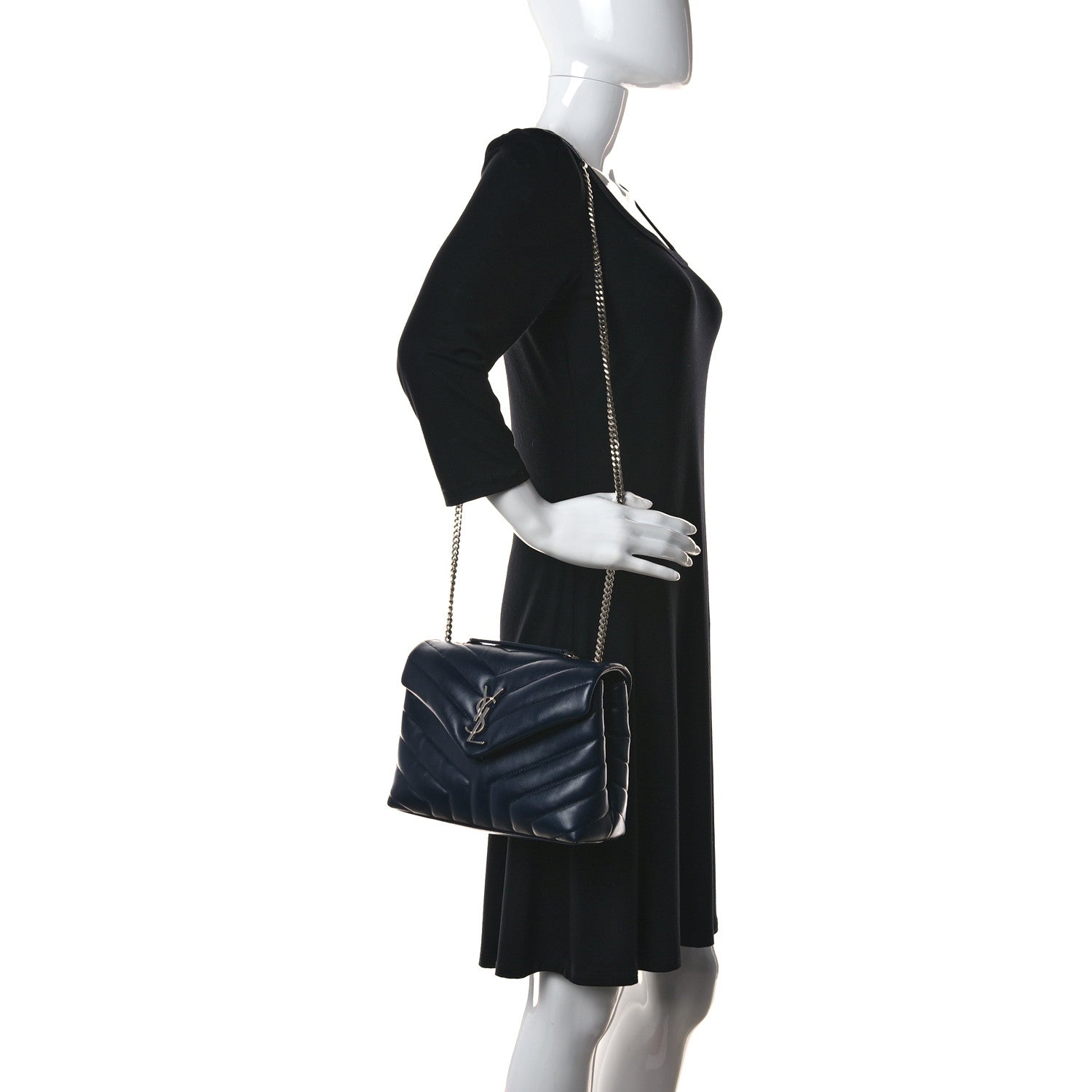 Saint Laurent Calfskin Y Quilted Monogram Small Loulou Chain Satchel Deep Marine 2 of 13