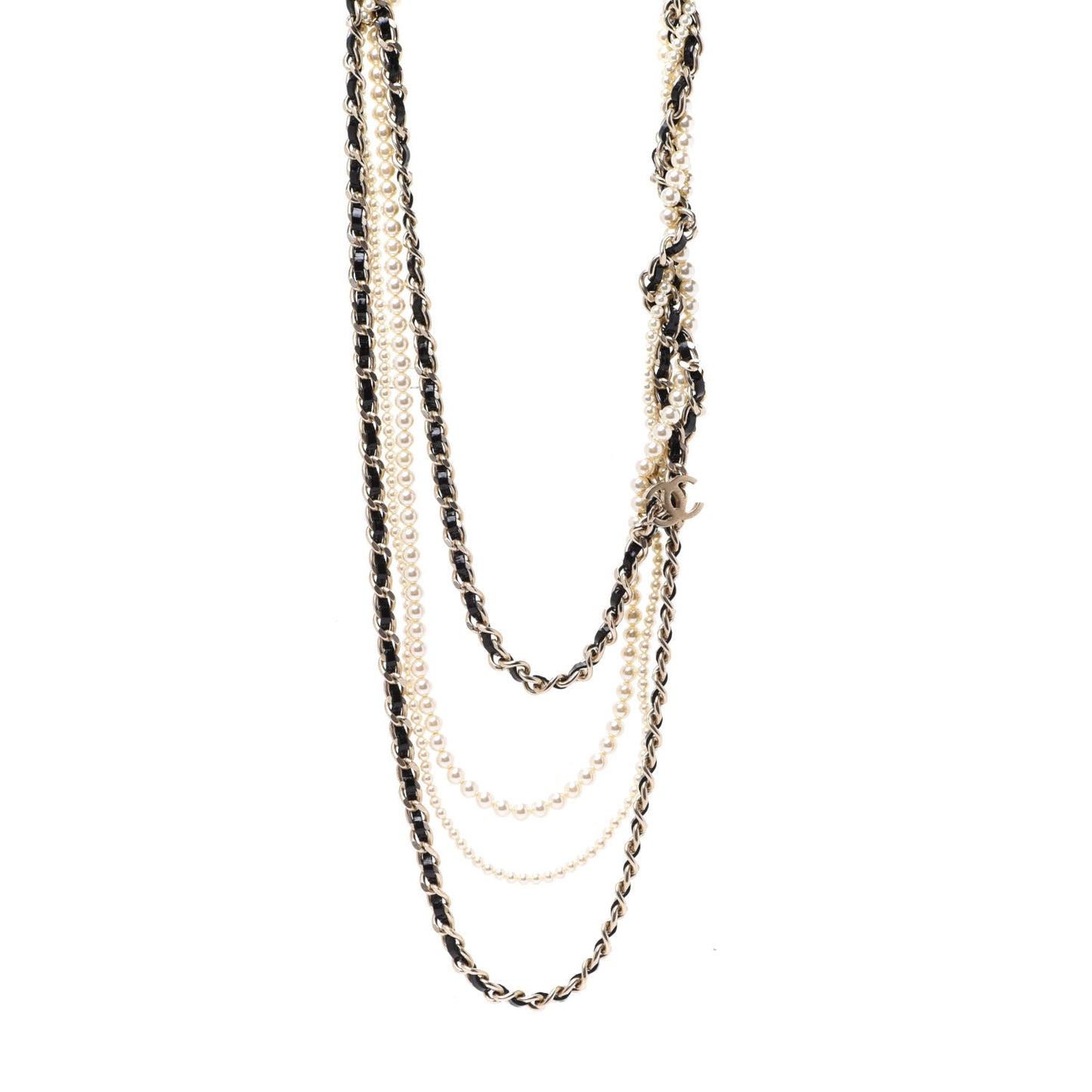 Glazed Calfskin Pearl CC Chain Necklace Black Gold