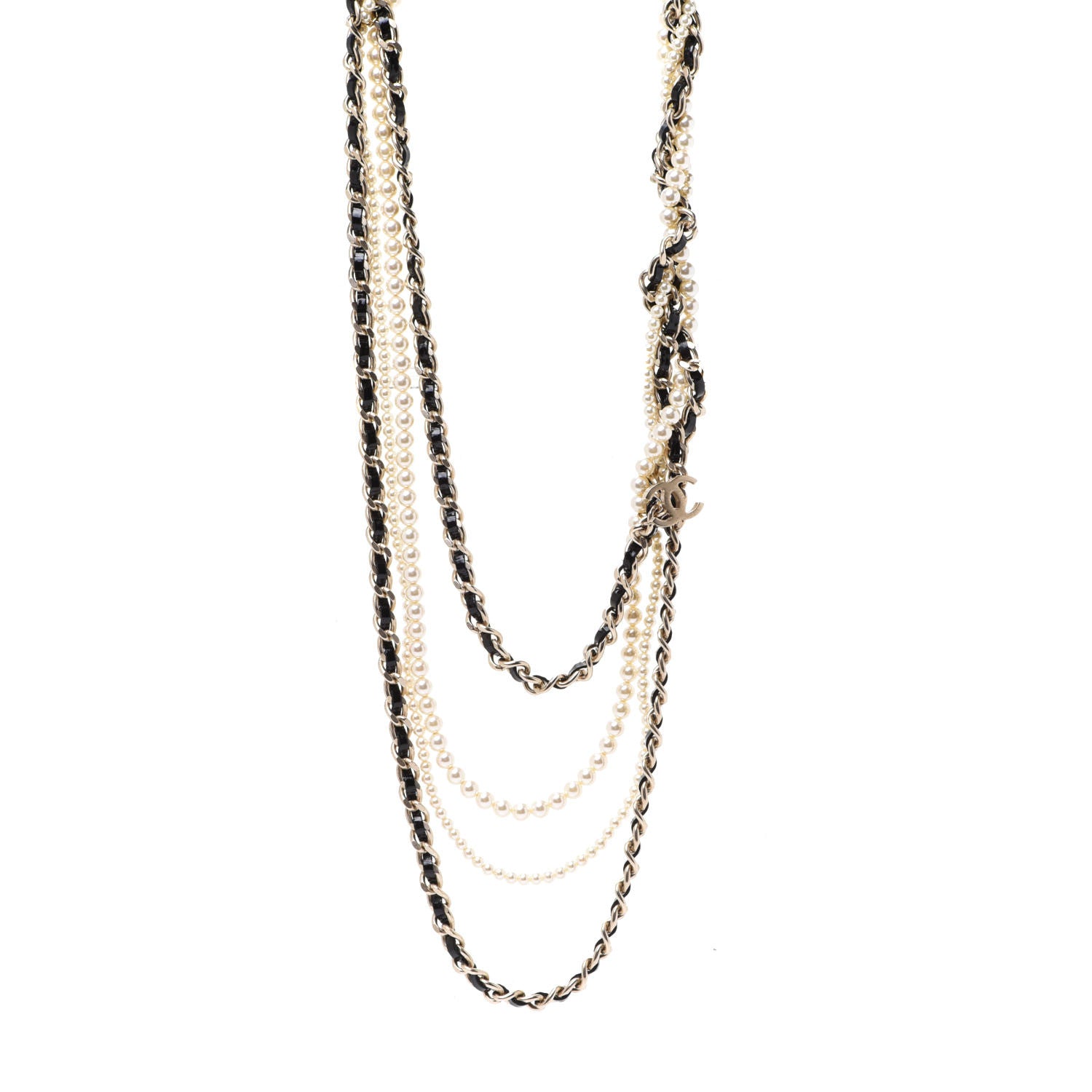 Chanel Glazed Calfskin Pearl CC Chain Necklace Black Gold 1 of 6