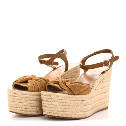 Valentino Garavani Suede Calfskin Tropical Bow Espadrille Platform Wedge Sandals 36 Brown 4 of 10