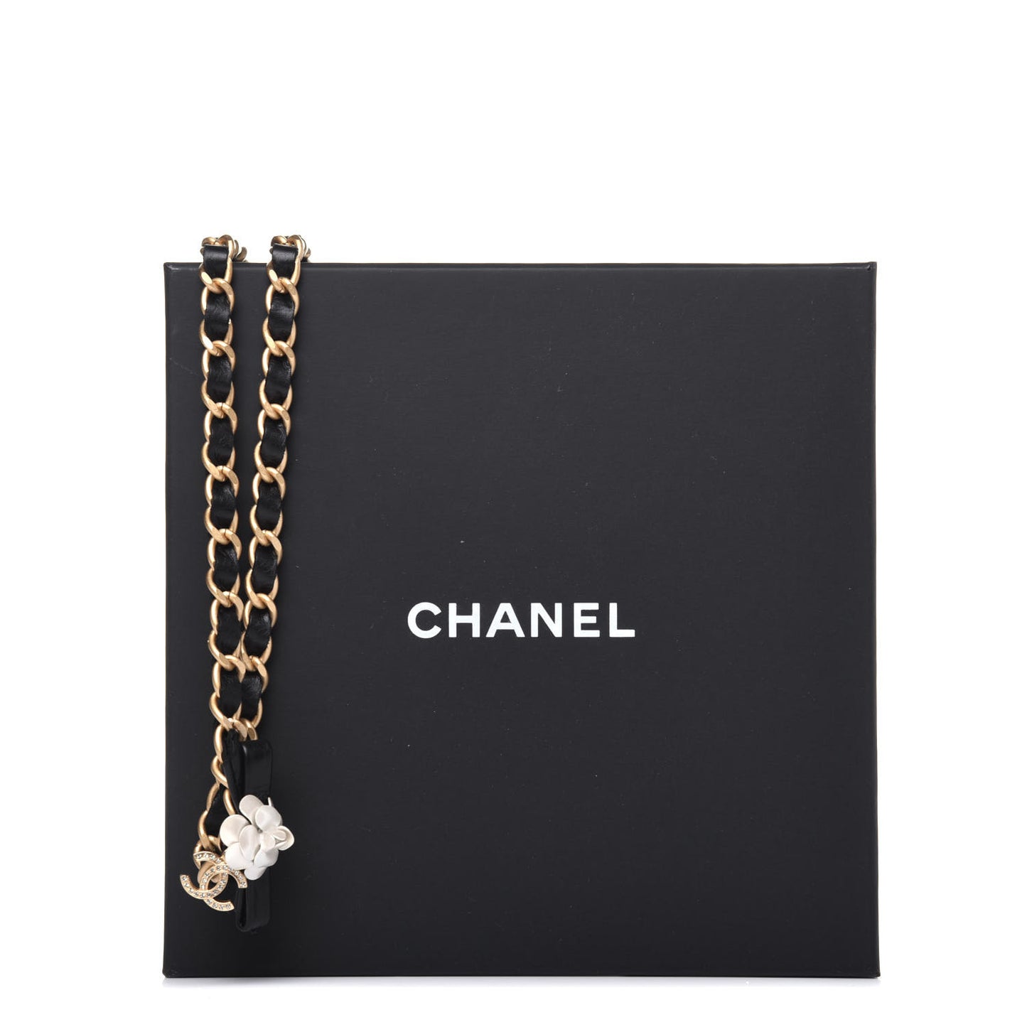 Calfskin Crystal Chain Camellia Belt 90 Black Gold