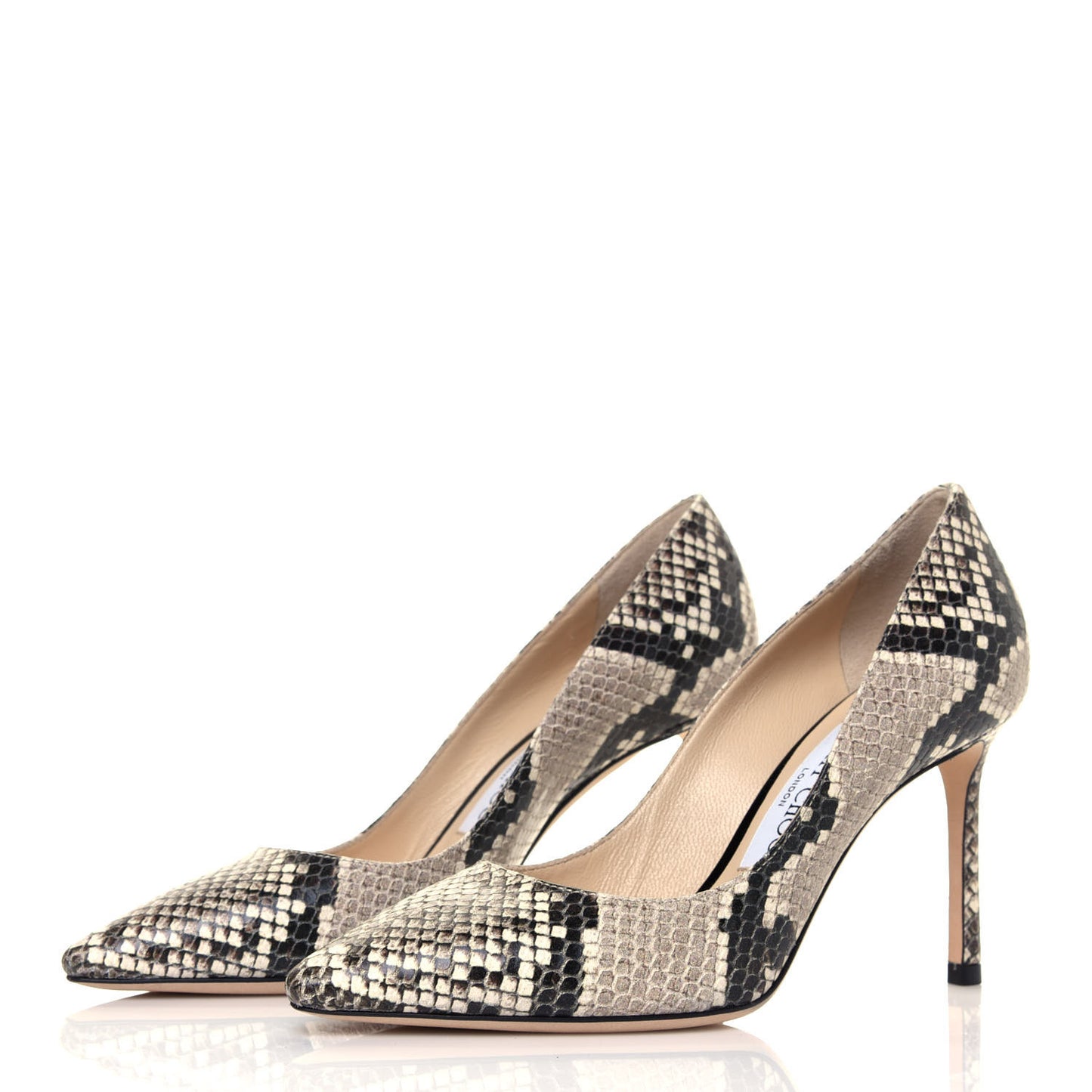 Calfskin Snake Print Pointy Toe Romy 85 Pumps 36 Natural