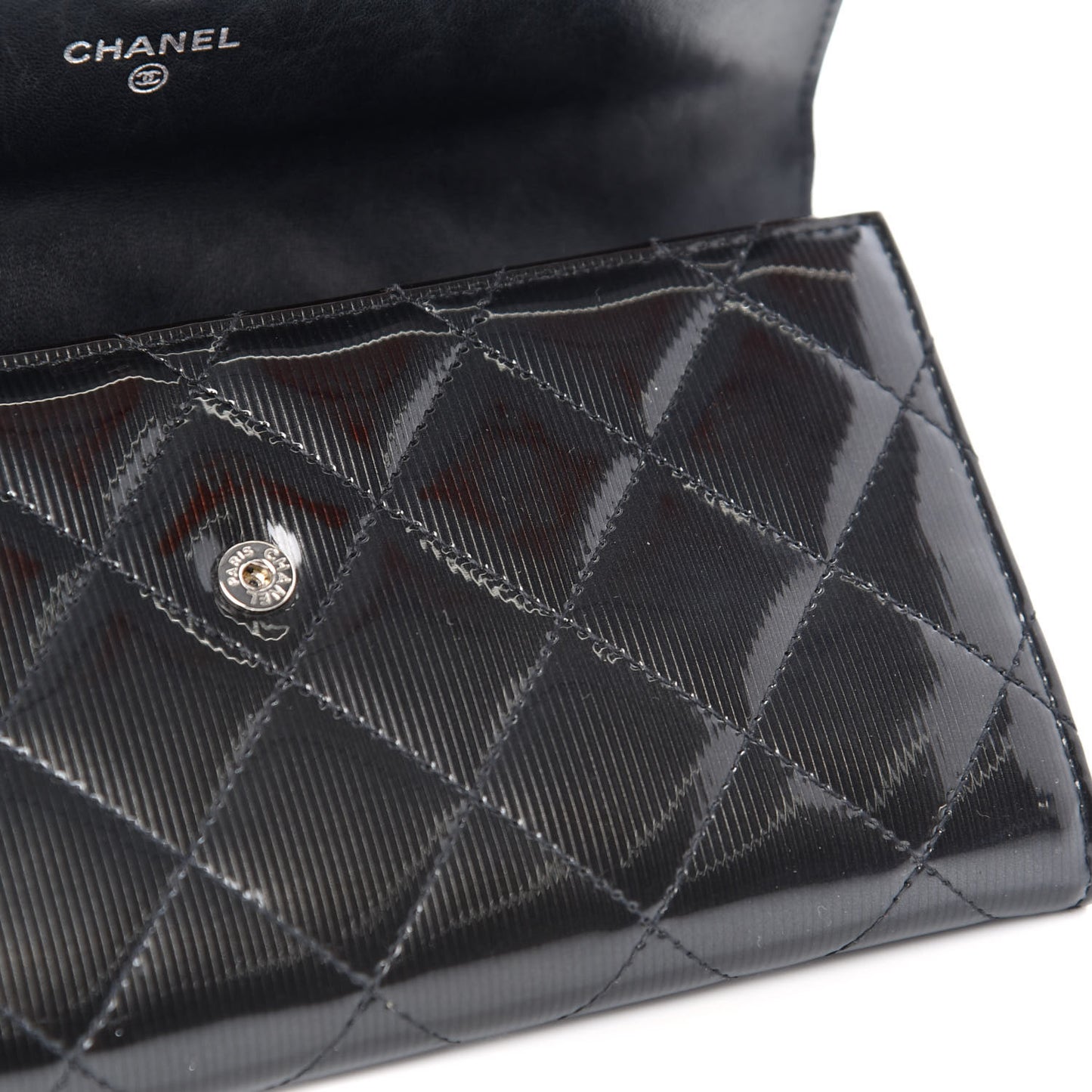 Striated Patent Quilted Large Gusset Flap Wallet Dark Grey