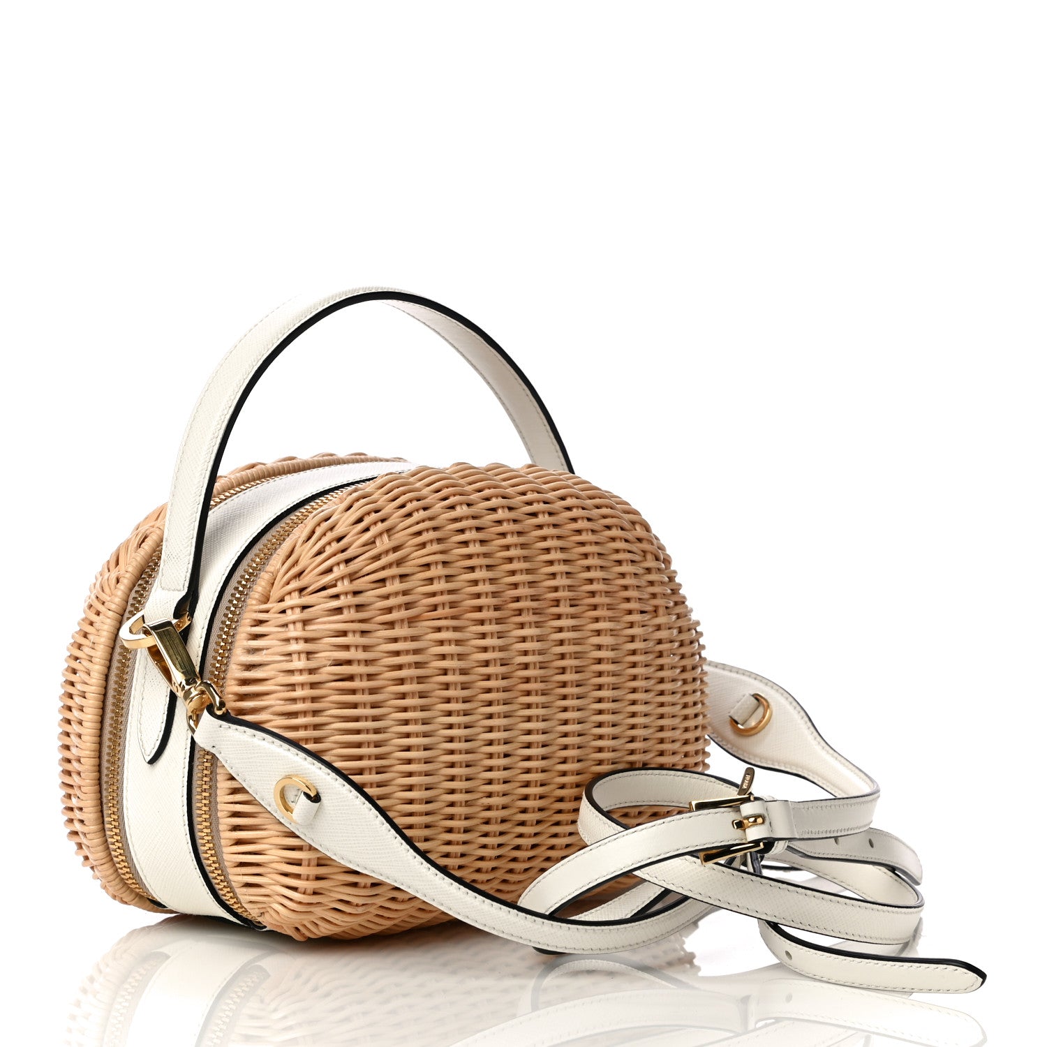 Prada Wicker Saffiano Midolino Odette Top Handle Bag Tan White 4 of 10
