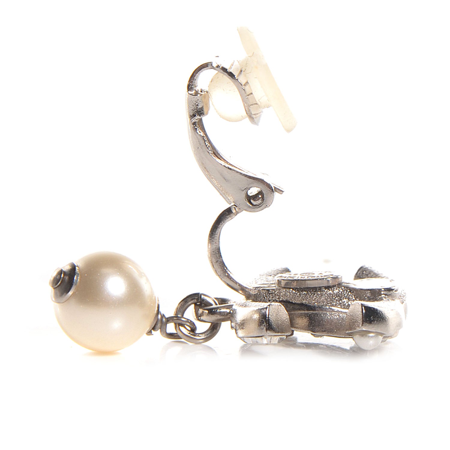 Chanel Crystal Pearl CC Drop Clip On Earrings Silver 4 of 5