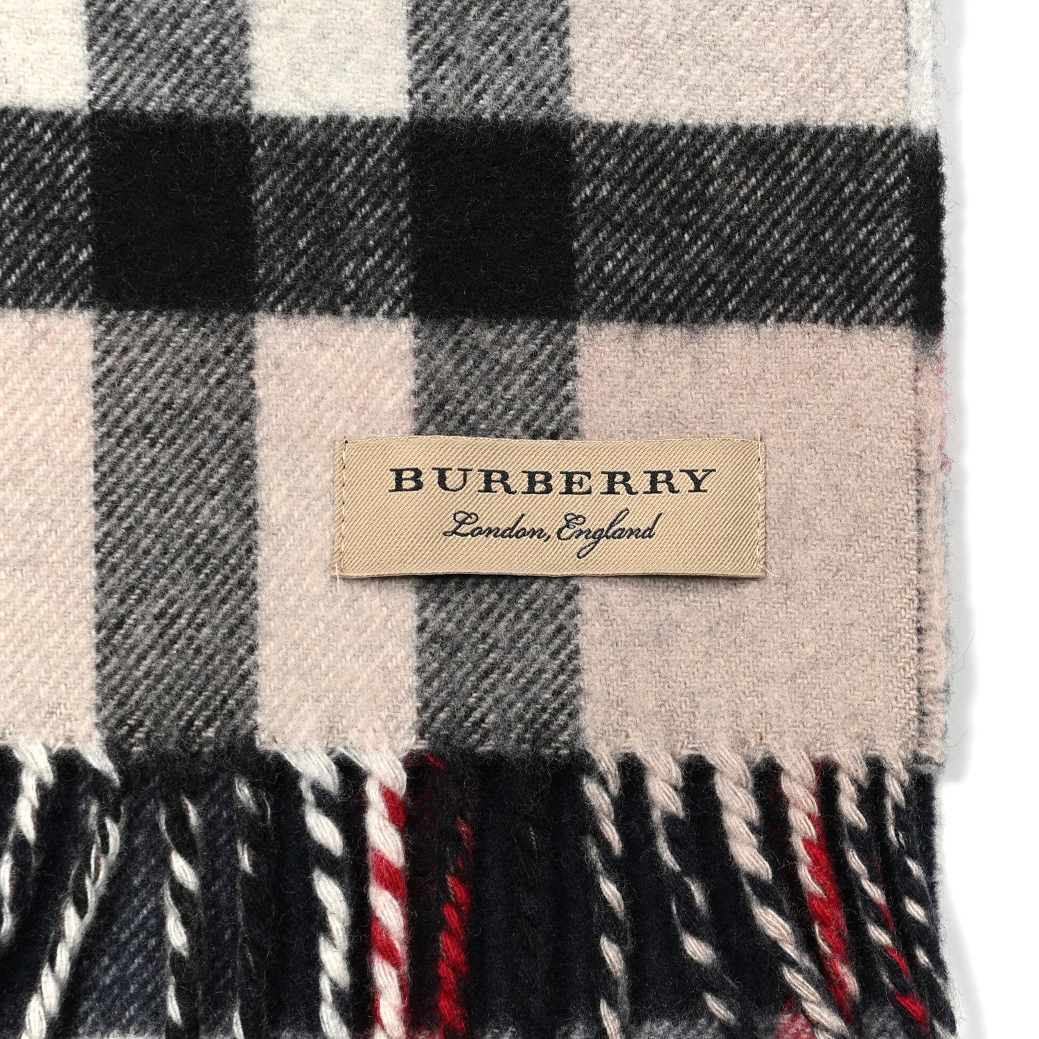 Burberry Wool Cashmere Giant Check Fringe Scarf Beige Navy 3 of 4