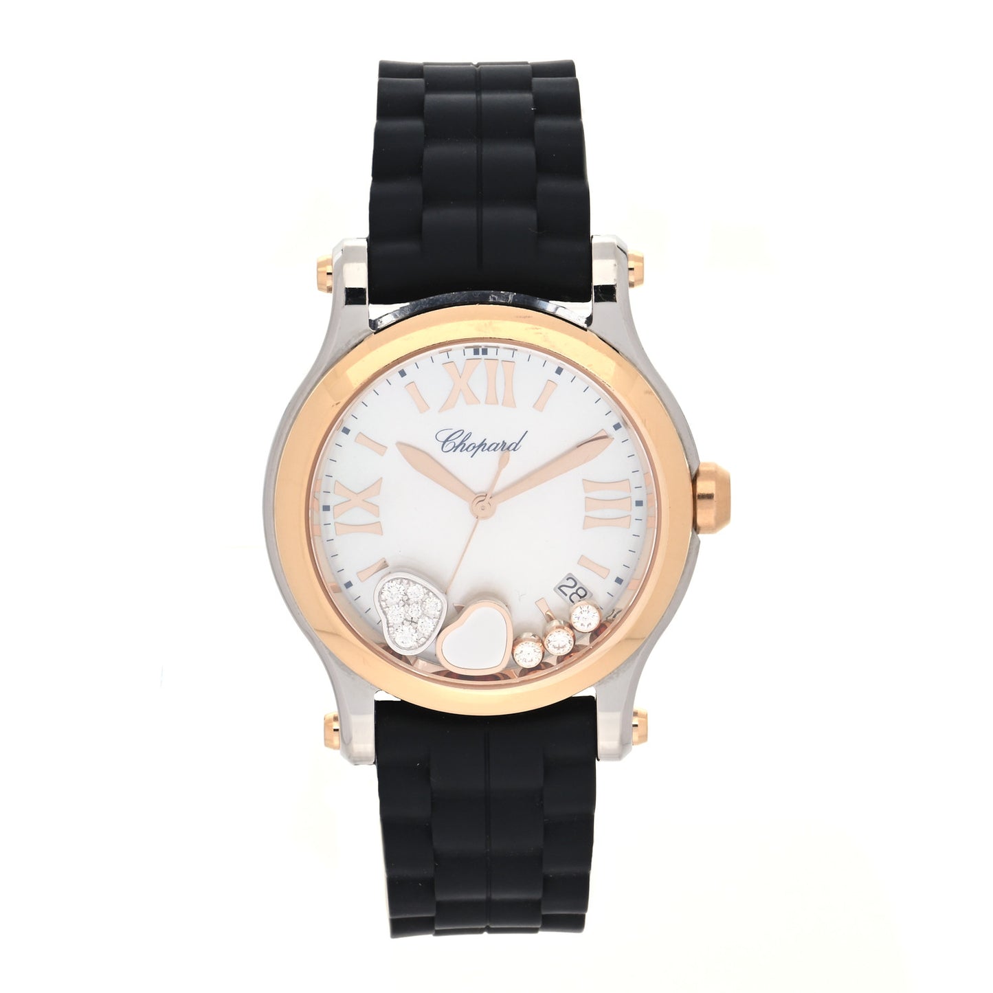 Stainless Steel 18K Rose Gold Rubber Diamond 36mm Happy Sport Heart Quartz Watch