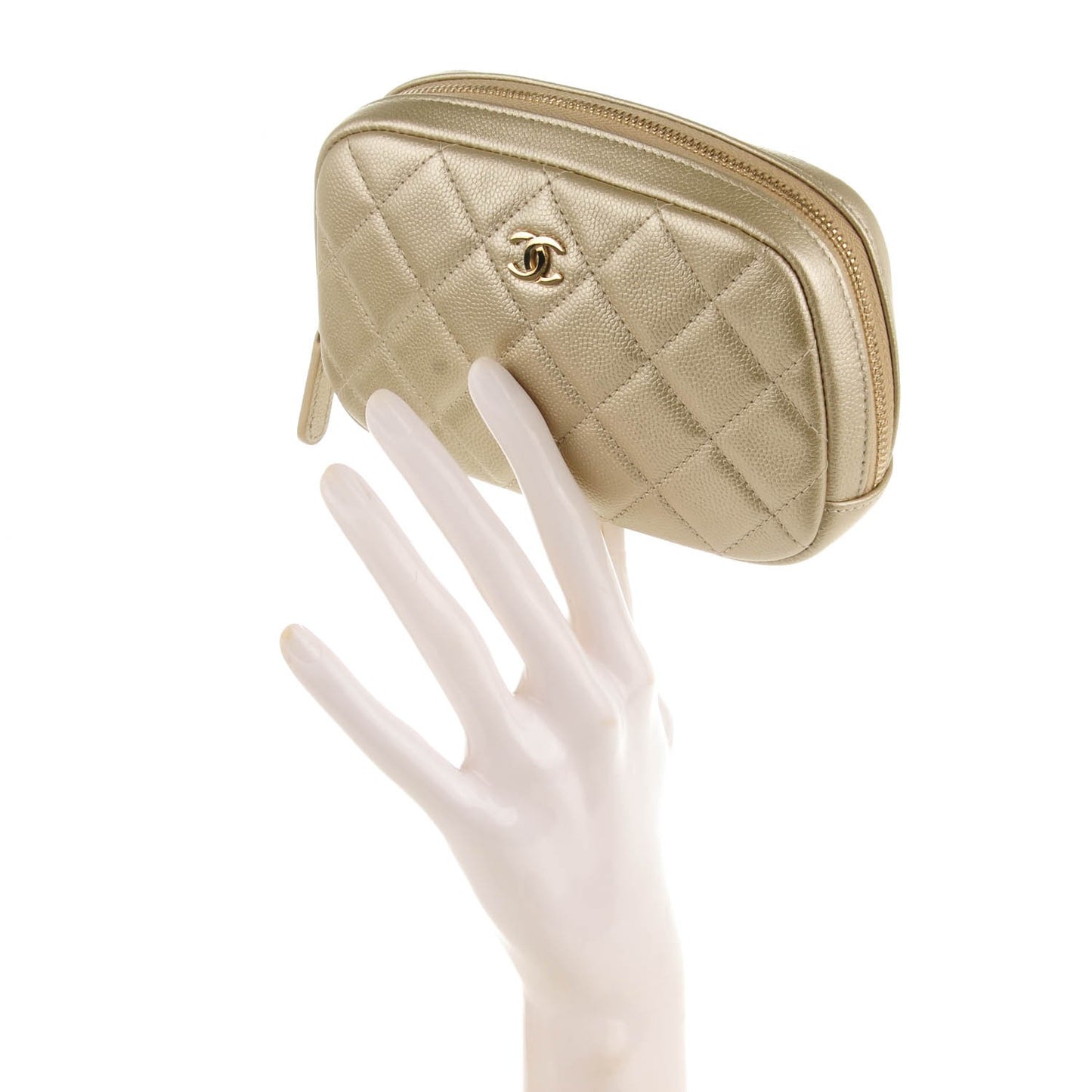 Metallic Caviar Quilted Small Curvy Pouch Cosmetic Case Gold