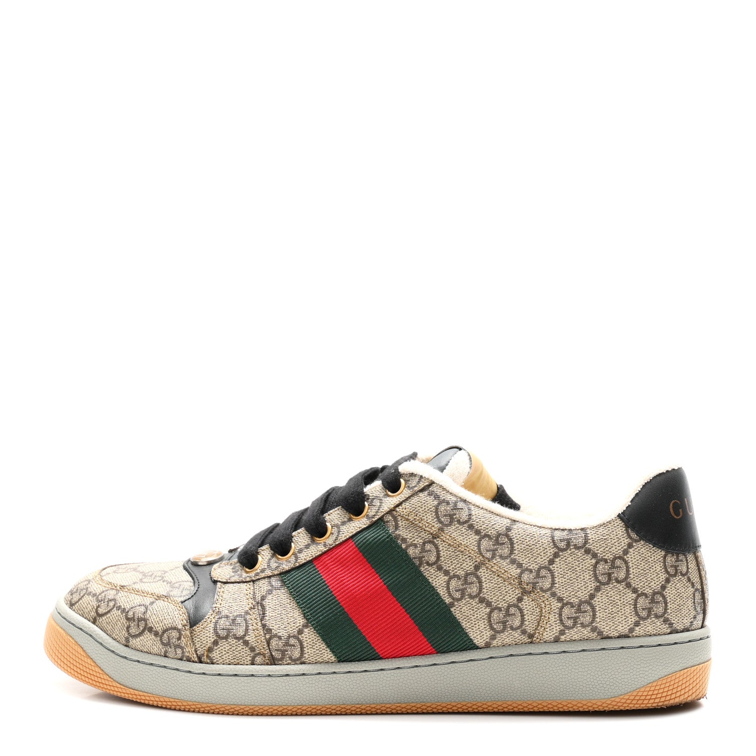 Gucci GG Supereme Monogram Miro Soft Calfskin Web Mens Screener Sneakers 8 Beige Ebony Black New Platinum 1 of 11