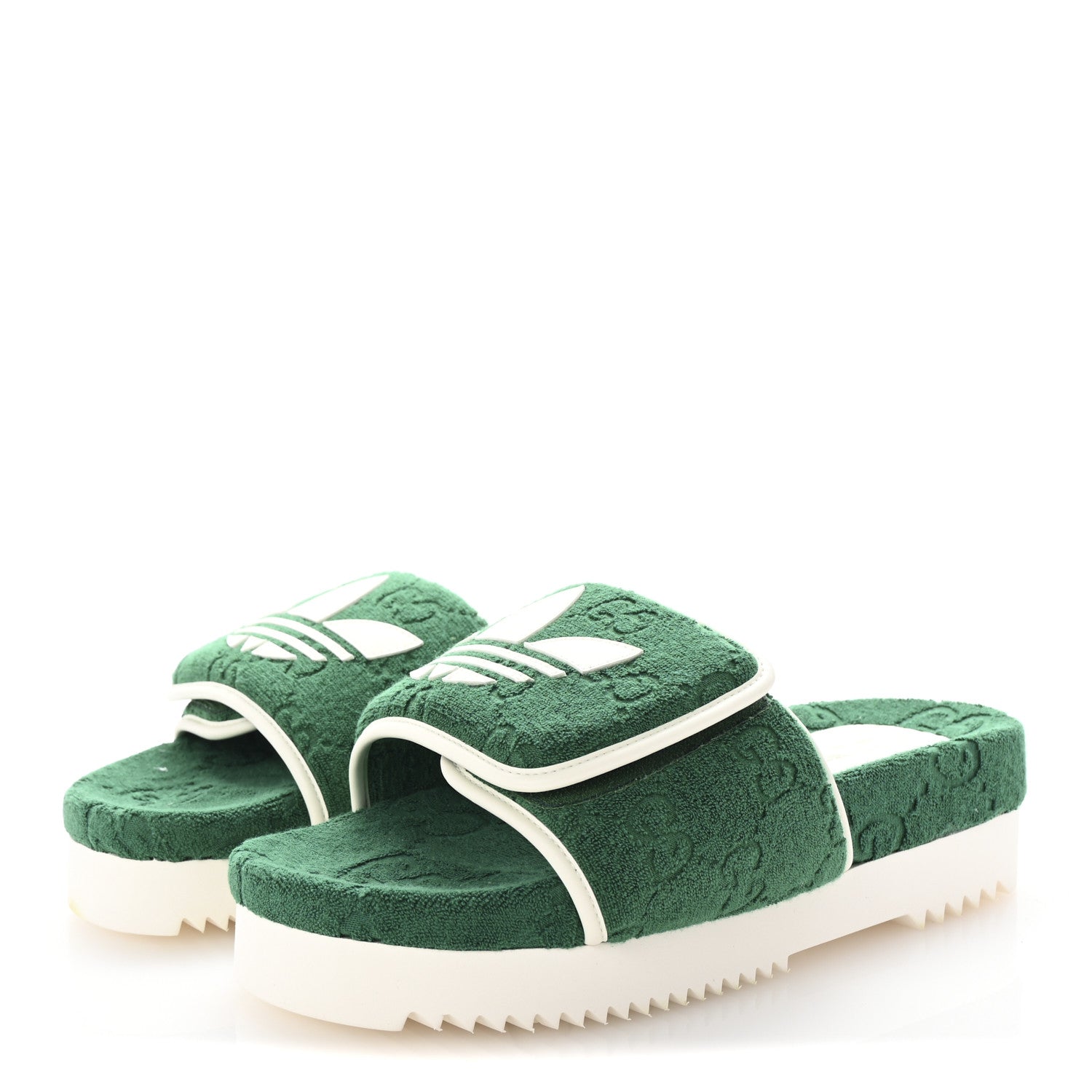 Gucci X ADIDAS Terry Cloth Trefoil GG Monogram Mens Platform Sandals 43 Green 4 of 8