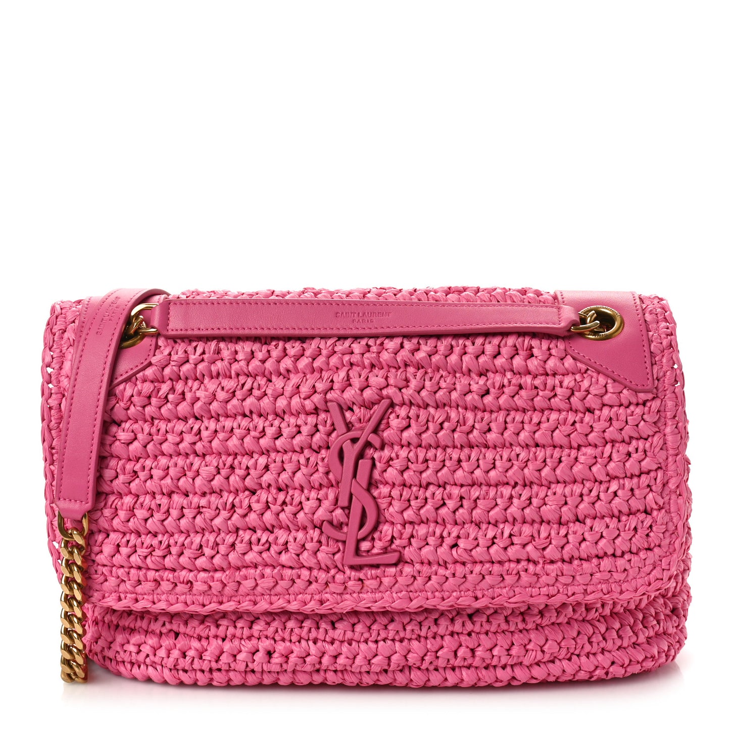 SAINT LAURENT Raffia Calfskin Monogram Medium Niki Chain Satchel Bright Pink