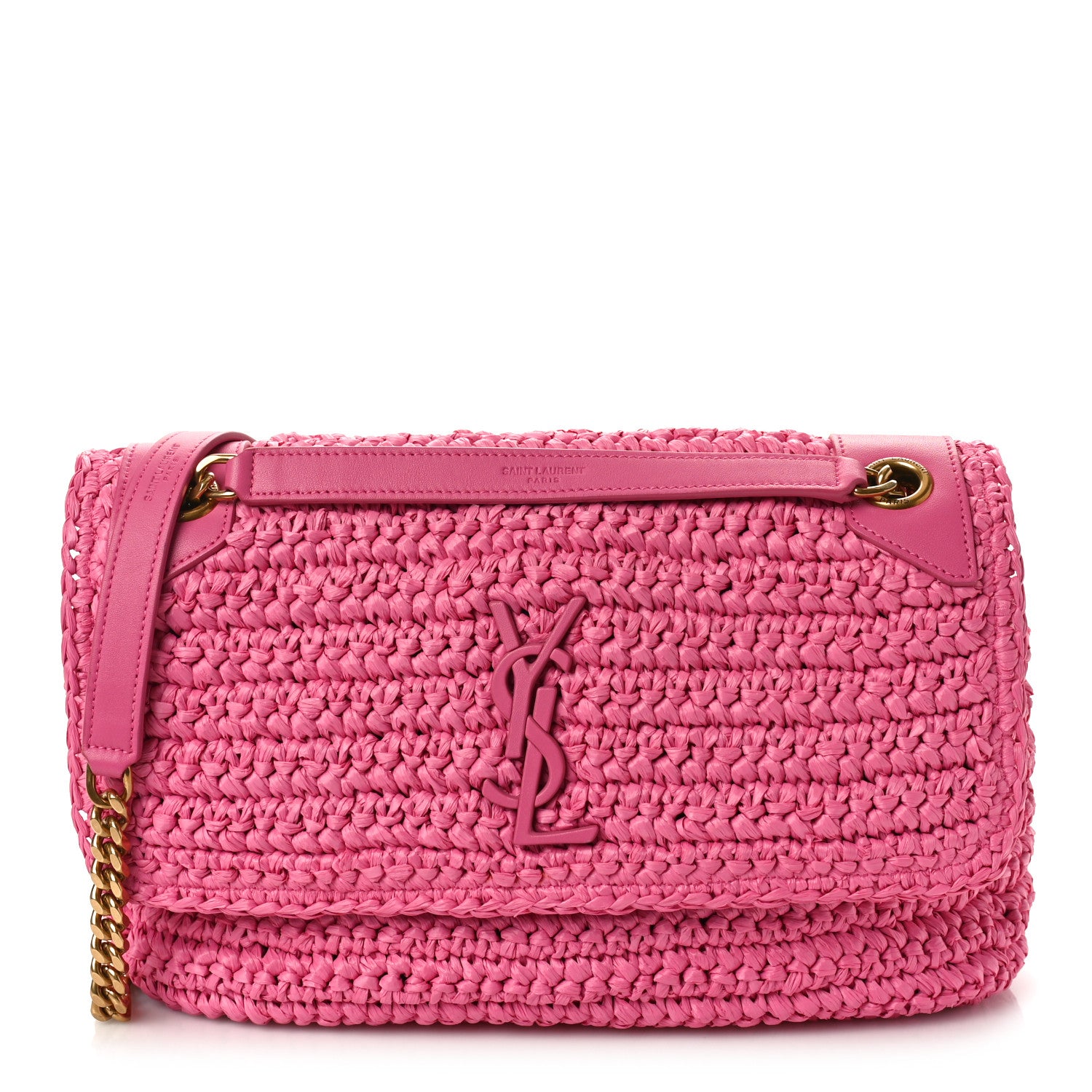 Saint Laurent SAINT LAURENT Raffia Calfskin Monogram Medium Niki Chain Satchel Bright Pink 1 of 10